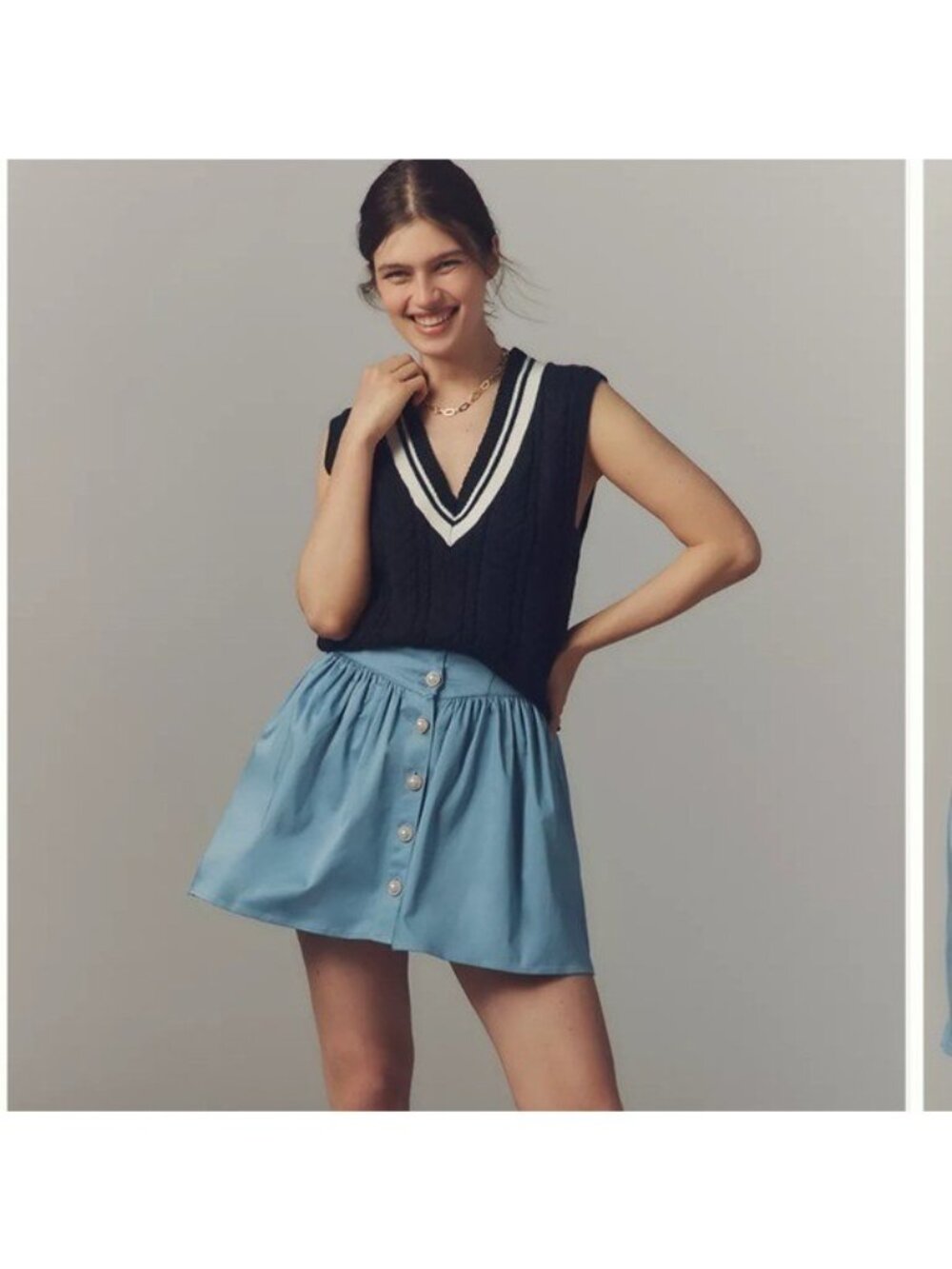 ANTHROPOLOGIE Maeve Basque Waist Button Down Mini Skirt Stone Blue Size XL NEW